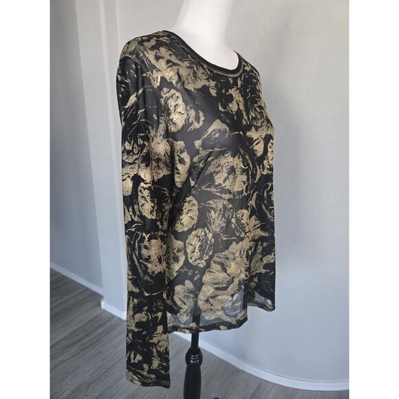Orly Sheer Floral Black Gold Rose Mesh Long Sleeve Stretch Blouse Shirt Sz M - Picture 5 of 9